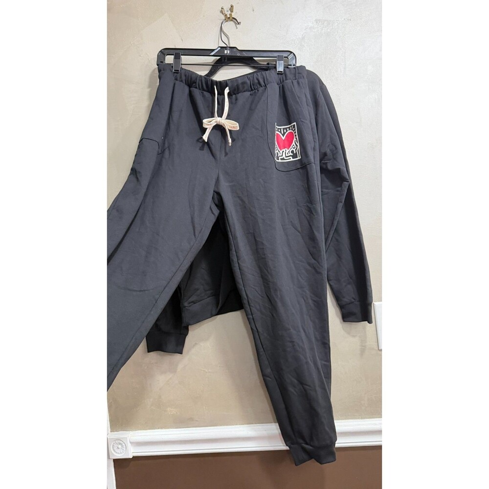 Keith Haring Womens 2 PC Lounge Set Black NWT Jogger Medium Sleepwear Fleece - Picture 5 of 5